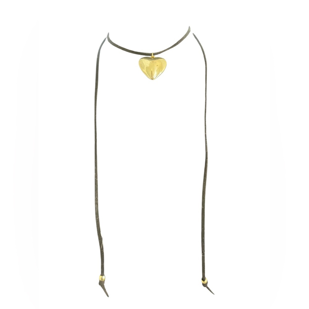 Puffy Gold Heart,Black straps Adjustable Choker Necklace - Picture 4 of 4